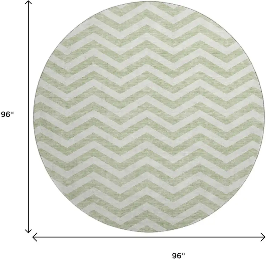 8' Artichoke Green And Ivory Chevron Washable Round Rug With UV Protection Photo 9
