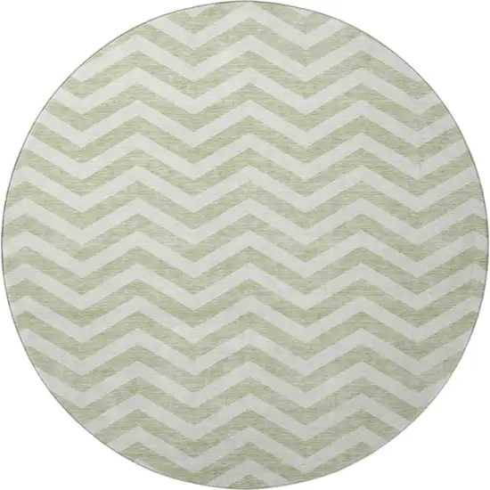 8' Artichoke Green And Ivory Chevron Washable Round Rug With UV Protection Photo 3