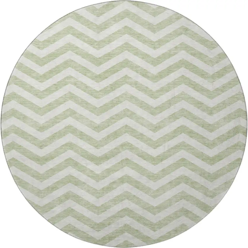8' Artichoke Green And Ivory Chevron Washable Round Rug With UV Protection Photo 3