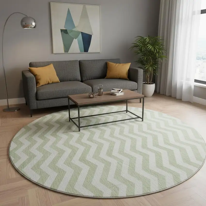8' Artichoke Green And Ivory Chevron Washable Round Rug With UV Protection Photo 2