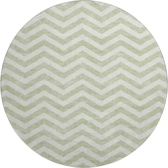 8' Artichoke Green And Ivory Chevron Washable Round Rug With UV Protection Photo 1