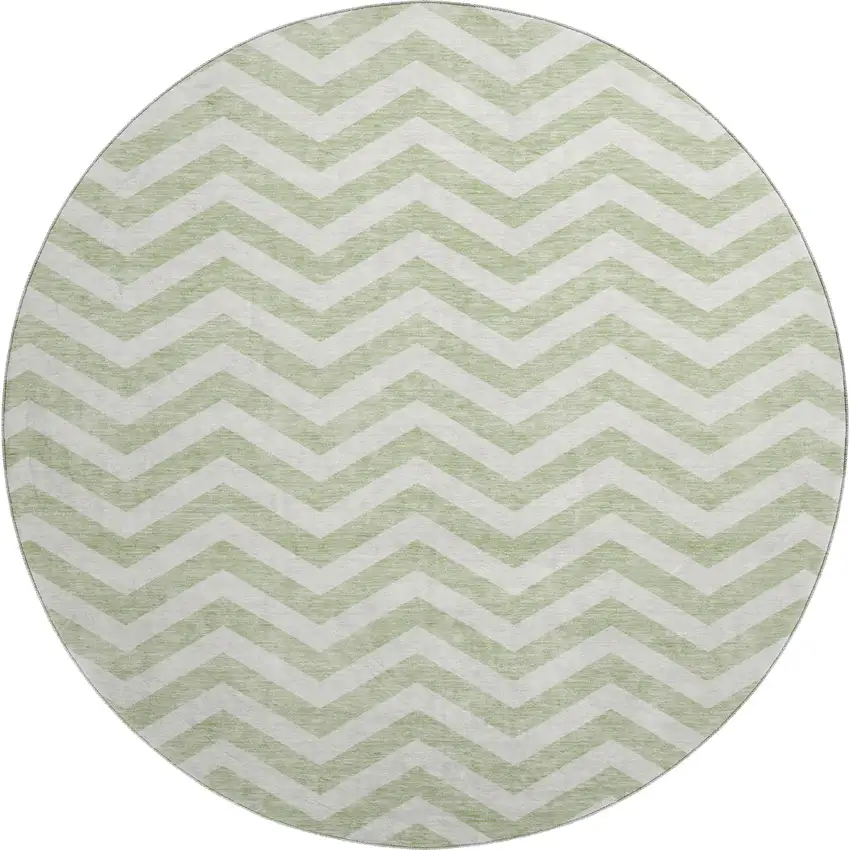 8' Artichoke Green And Ivory Chevron Washable Round Rug With UV Protection Photo 1