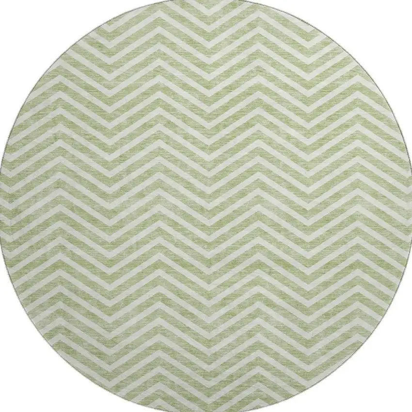 8' Artichoke Green And Ivory Chevron Washable Round Rug With UV Protection Photo 3