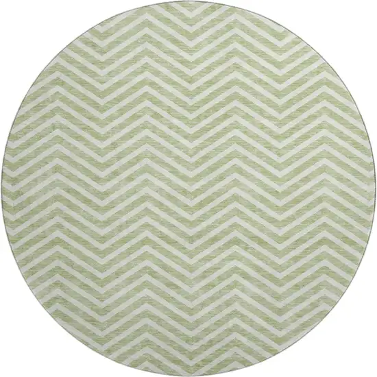 8' Artichoke Green And Ivory Chevron Washable Round Rug With UV Protection Photo 1