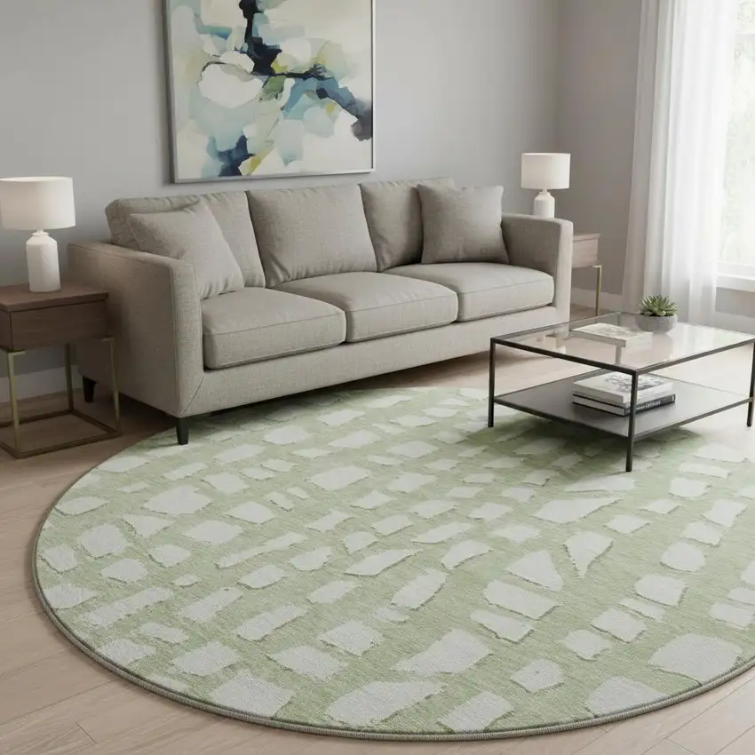 8' Artichoke Green And Ivory Cobblestone Washable Round Rug With UV Protection Photo 2