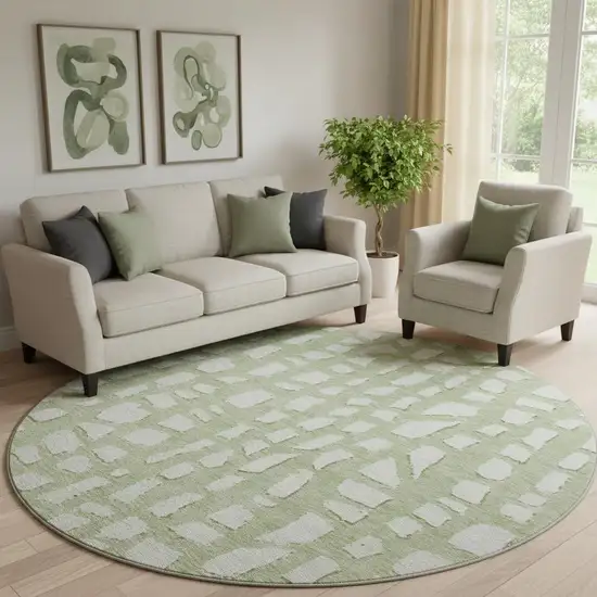 8' Artichoke Green And Ivory Cobblestone Washable Round Rug With UV Protection Photo 1