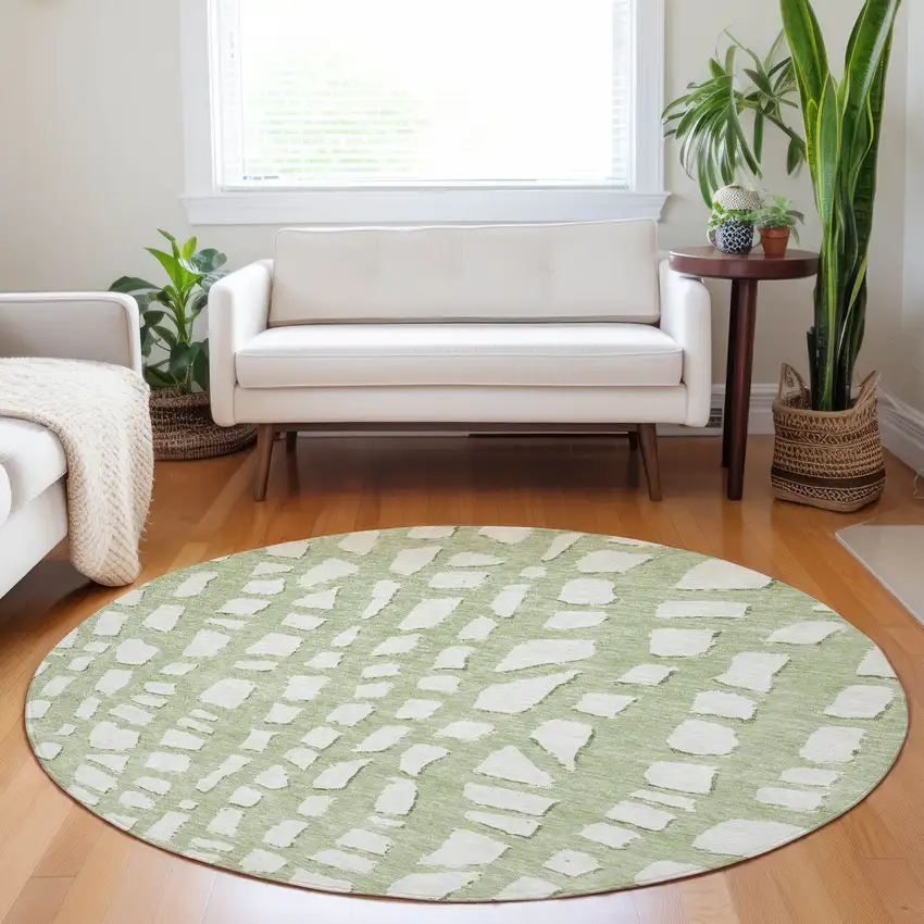 8' Artichoke Green And Ivory Cobblestone Washable Round Rug With UV Protection Photo 4
