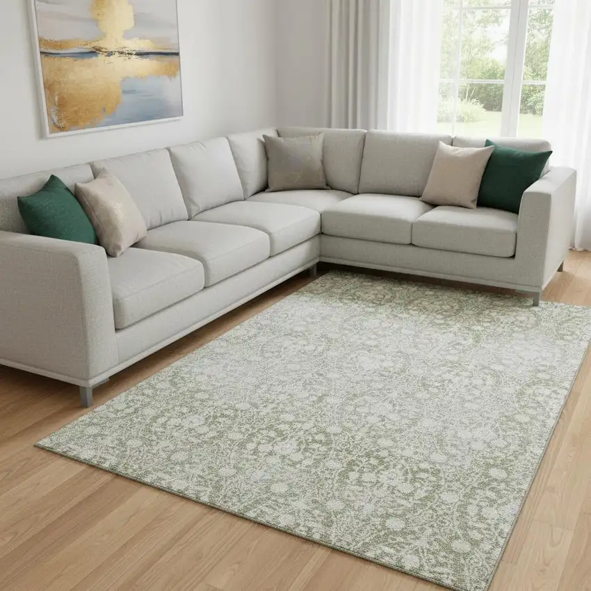 8' Artichoke Green And Ivory Damask Washable Area Rug With UV Protection Photo 2