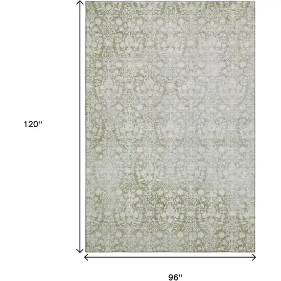 8' Artichoke Green And Ivory Damask Washable Area Rug With UV Protection Photo 9