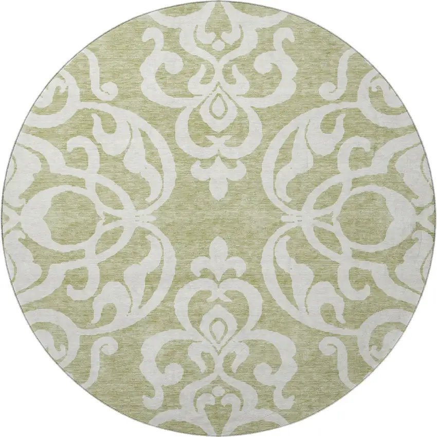 8' Artichoke Green And Ivory Damask Washable Round Rug With UV Protection Photo 3