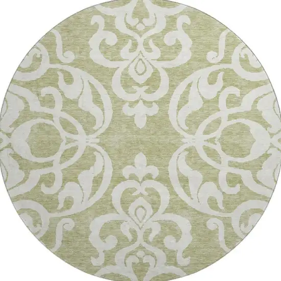 8' Artichoke Green And Ivory Damask Washable Round Rug With UV Protection Photo 2