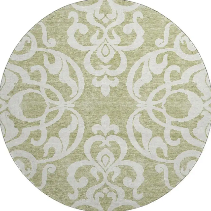 8' Artichoke Green And Ivory Damask Washable Round Rug With UV Protection Photo 2