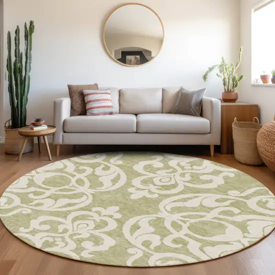 8' Artichoke Green And Ivory Damask Washable Round Rug With UV Protection Photo 4
