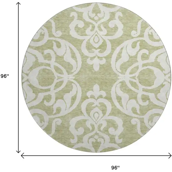8' Artichoke Green And Ivory Damask Washable Round Rug With UV Protection Photo 9