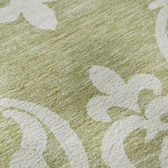 8' Artichoke Green And Ivory Damask Washable Round Rug With UV Protection Photo 8