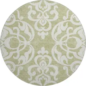 Photo of 8' Artichoke Green And Ivory Damask Washable Round Rug With UV Protection