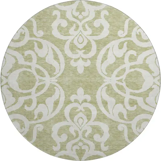8' Artichoke Green And Ivory Damask Washable Round Rug With UV Protection Photo 1