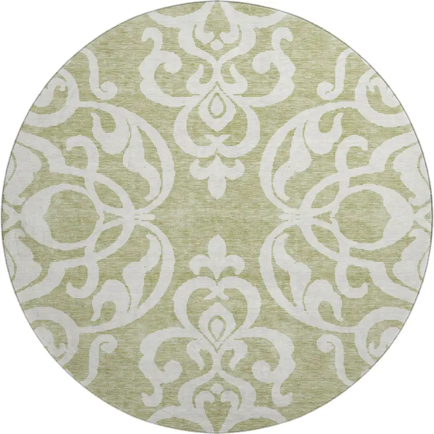 8' Artichoke Green And Ivory Damask Washable Round Rug With UV Protection Photo 1