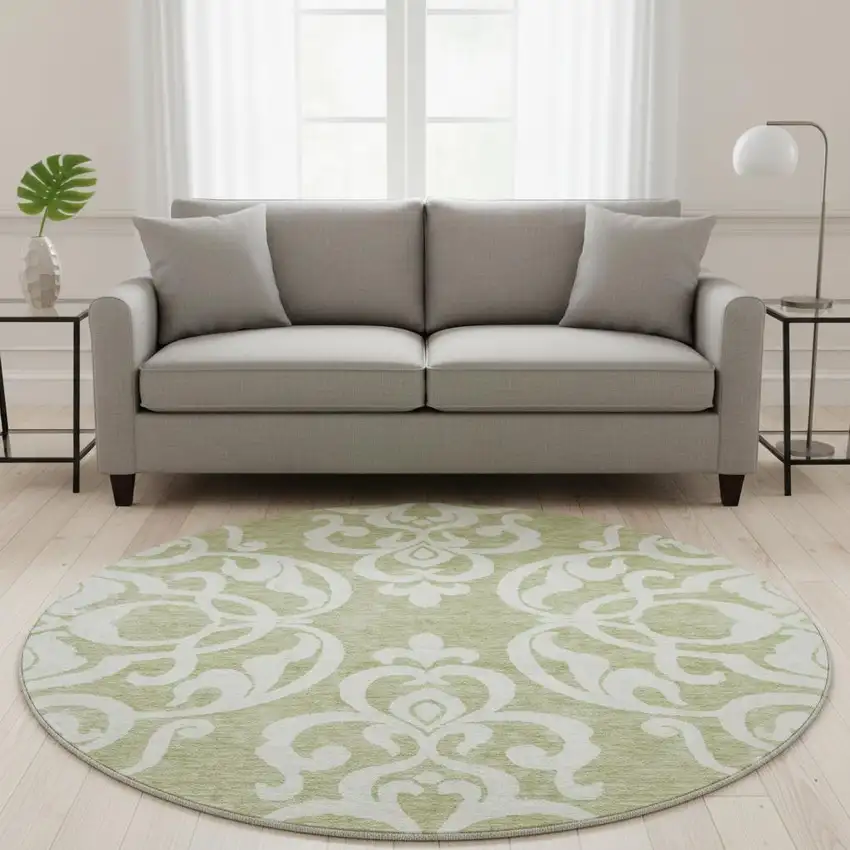 8' Artichoke Green And Ivory Damask Washable Round Rug With UV Protection Photo 2