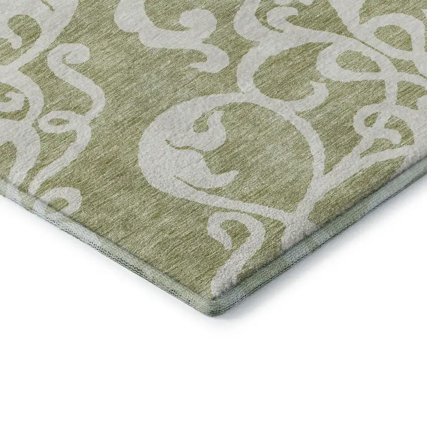 8' Artichoke Green And Ivory Damask Washable Round Rug With UV Protection Photo 6