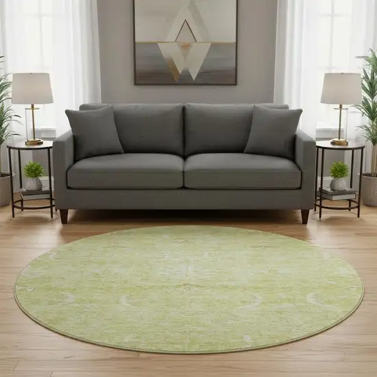 8' Artichoke Green And Ivory Damask Washable Round Rug With UV Protection Photo 2
