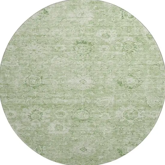 8' Artichoke Green And Ivory Damask Washable Round Rug With UV Protection Photo 3