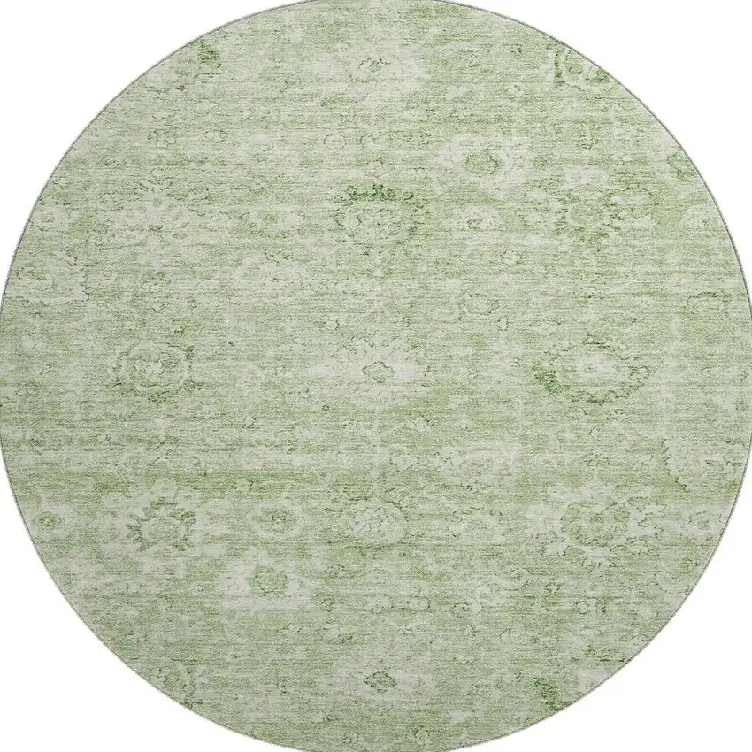 8' Artichoke Green And Ivory Damask Washable Round Rug With UV Protection Photo 3