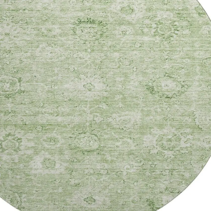 8' Artichoke Green And Ivory Damask Washable Round Rug With UV Protection Photo 2