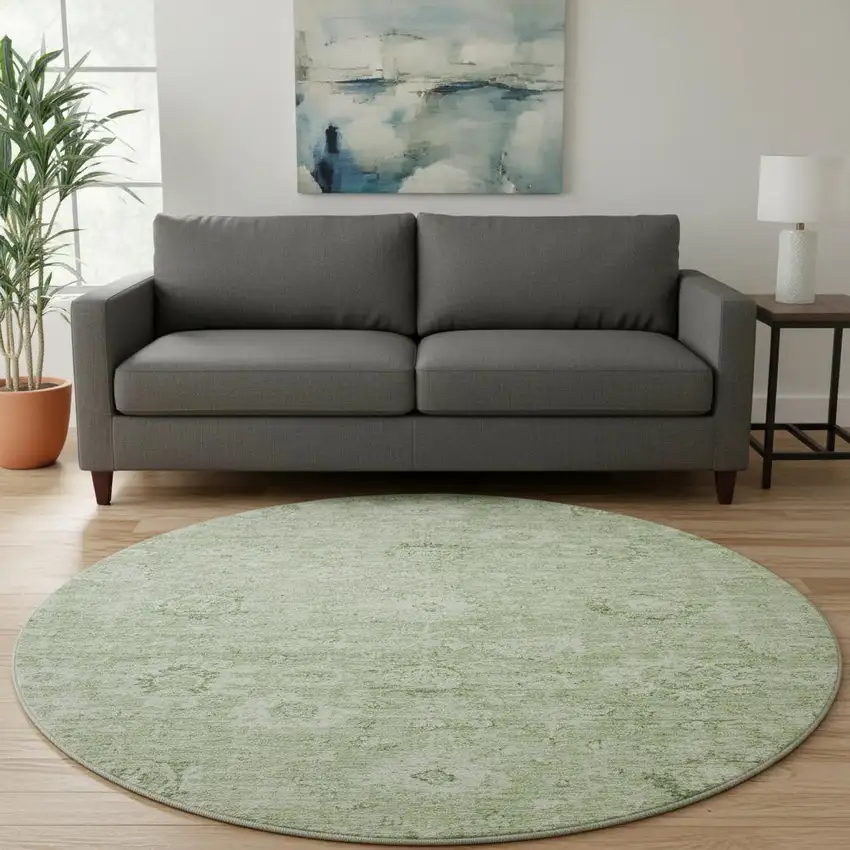 8' Artichoke Green And Ivory Damask Washable Round Rug With UV Protection Photo 2
