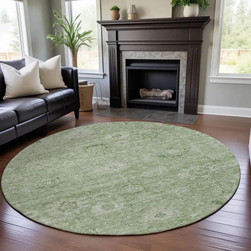 8' Artichoke Green And Ivory Damask Washable Round Rug With UV Protection Photo 4