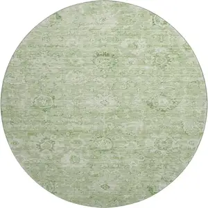 Photo of 8' Artichoke Green And Ivory Damask Washable Round Rug With UV Protection