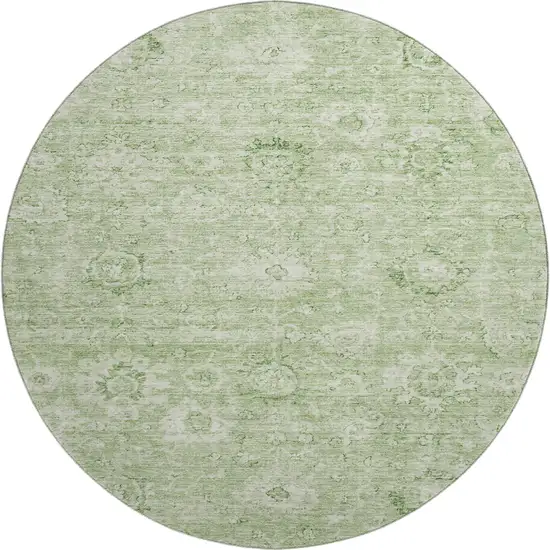 8' Artichoke Green And Ivory Damask Washable Round Rug With UV Protection Photo 1