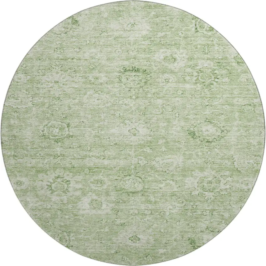 8' Artichoke Green And Ivory Damask Washable Round Rug With UV Protection Photo 1