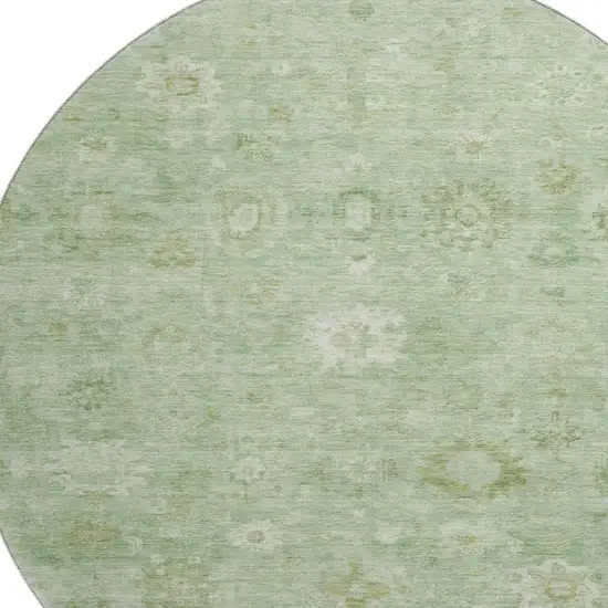 8' Artichoke Green And Ivory Damask Washable Round Rug With UV Protection Photo 2