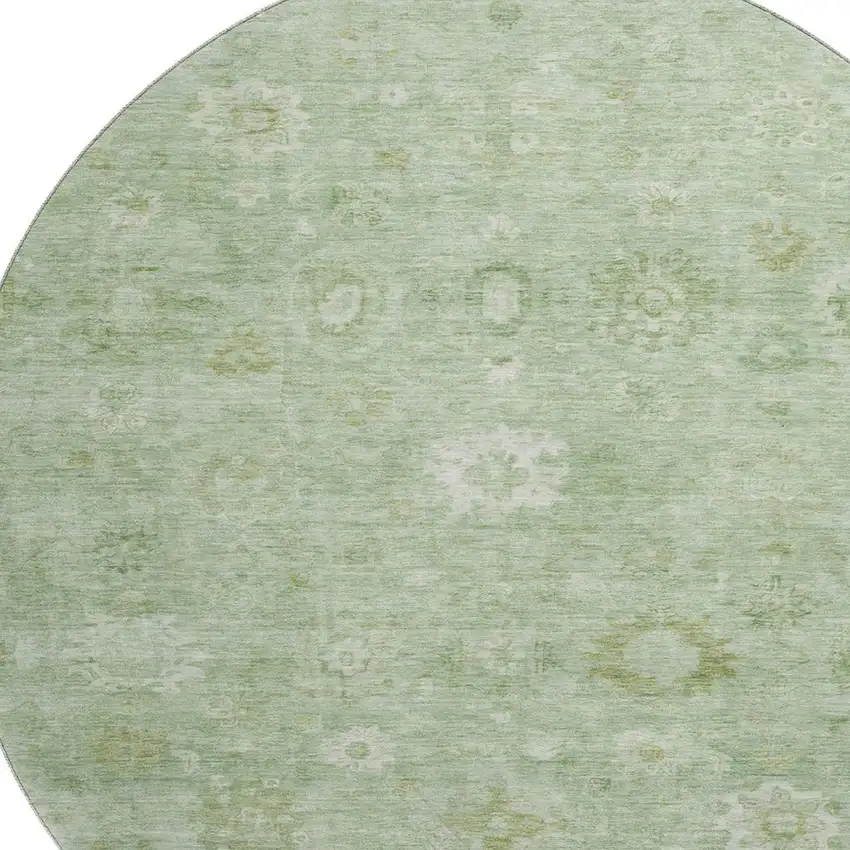 8' Artichoke Green And Ivory Damask Washable Round Rug With UV Protection Photo 2