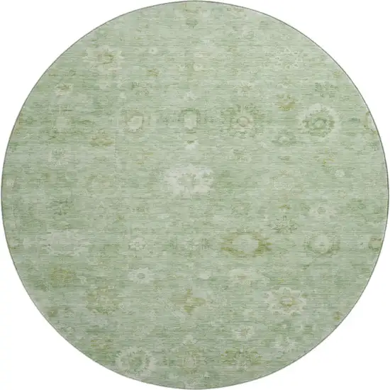 8' Artichoke Green And Ivory Damask Washable Round Rug With UV Protection Photo 1
