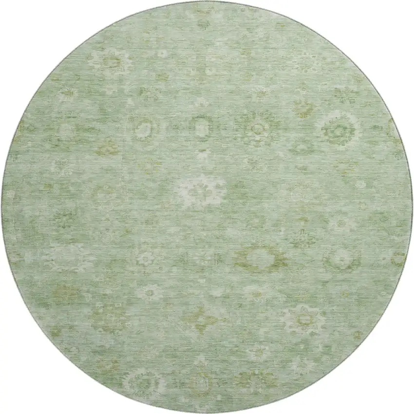 8' Artichoke Green And Ivory Damask Washable Round Rug With UV Protection Photo 1