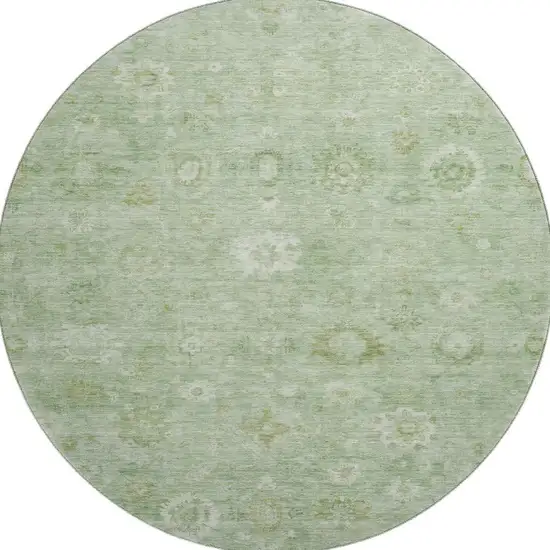8' Artichoke Green And Ivory Damask Washable Round Rug With UV Protection Photo 3