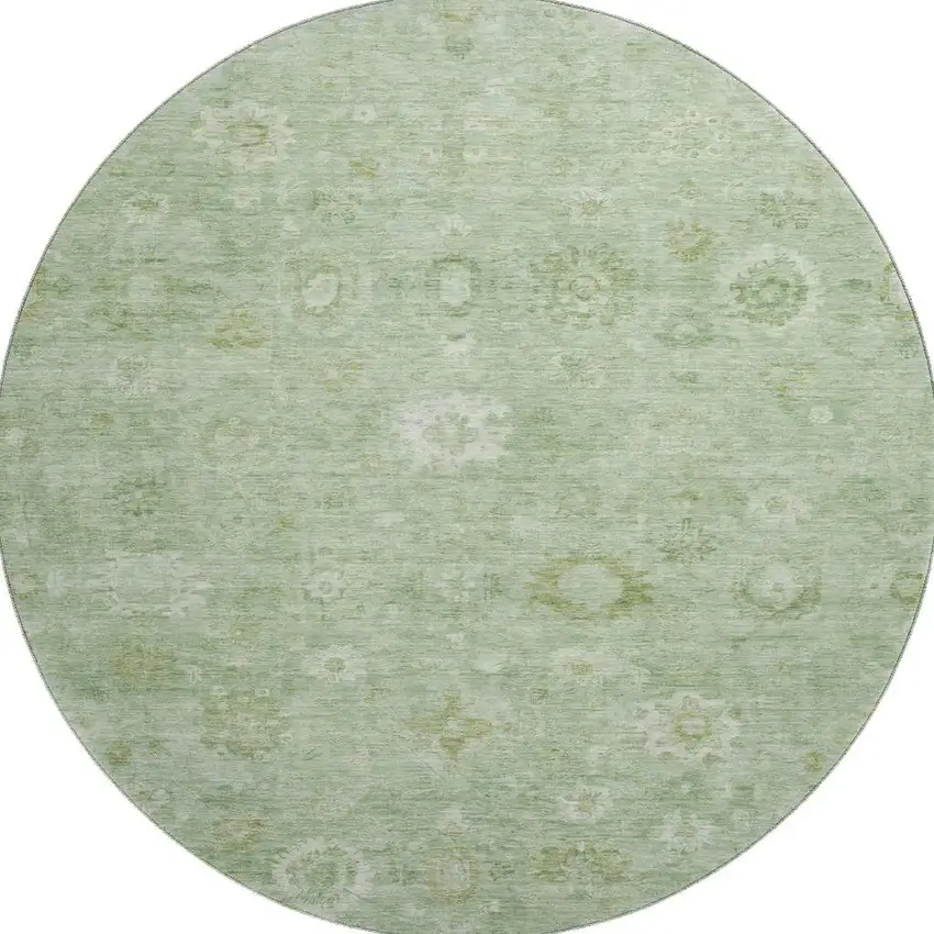 8' Artichoke Green And Ivory Damask Washable Round Rug With UV Protection Photo 3