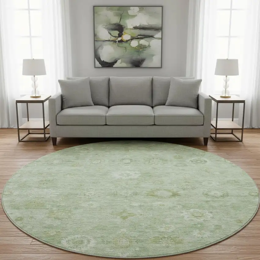 8' Artichoke Green And Ivory Damask Washable Round Rug With UV Protection Photo 2