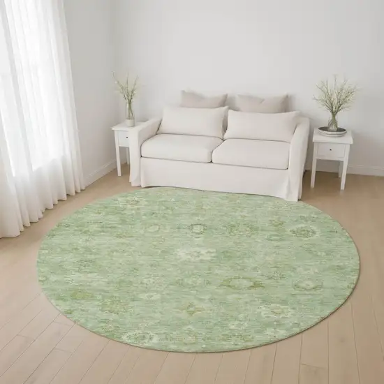 8' Artichoke Green And Ivory Damask Washable Round Rug With UV Protection Photo 4