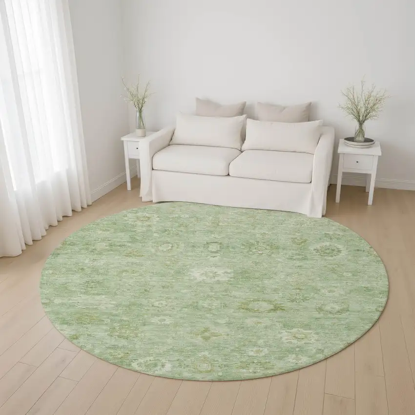 8' Artichoke Green And Ivory Damask Washable Round Rug With UV Protection Photo 4