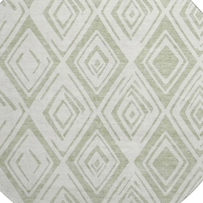 8' Artichoke Green And Ivory Diamond Washable Round Rug With UV Protection Photo 2