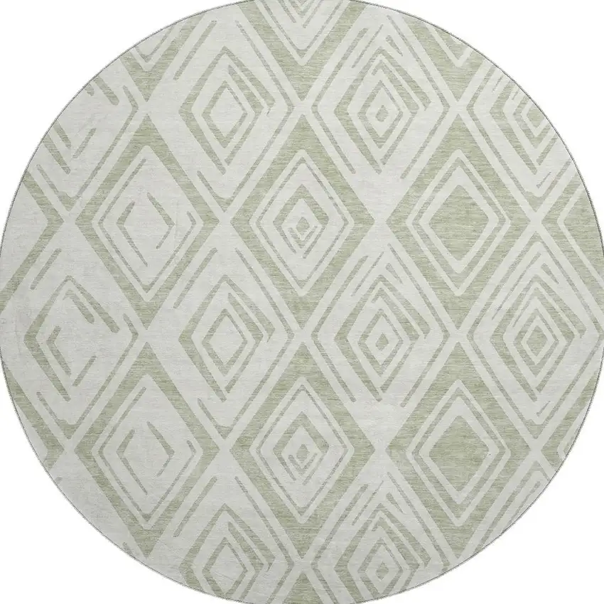 8' Artichoke Green And Ivory Diamond Washable Round Rug With UV Protection Photo 3