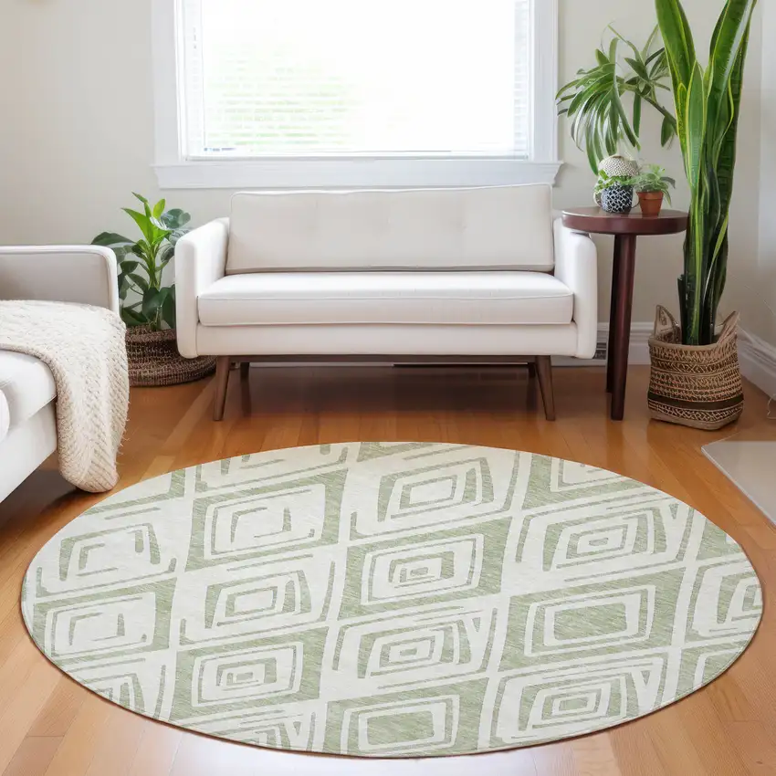 8' Artichoke Green And Ivory Diamond Washable Round Rug With UV Protection Photo 4
