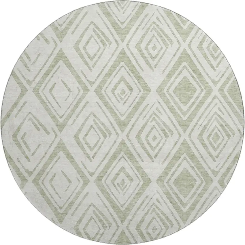 8' Artichoke Green And Ivory Diamond Washable Round Rug With UV Protection Photo 1