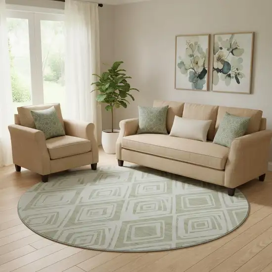 8' Artichoke Green And Ivory Diamond Washable Round Rug With UV Protection Photo 1