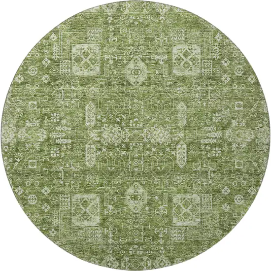 8' Artichoke Green And Ivory Floral Washable Round Rug With UV Protection Photo 3