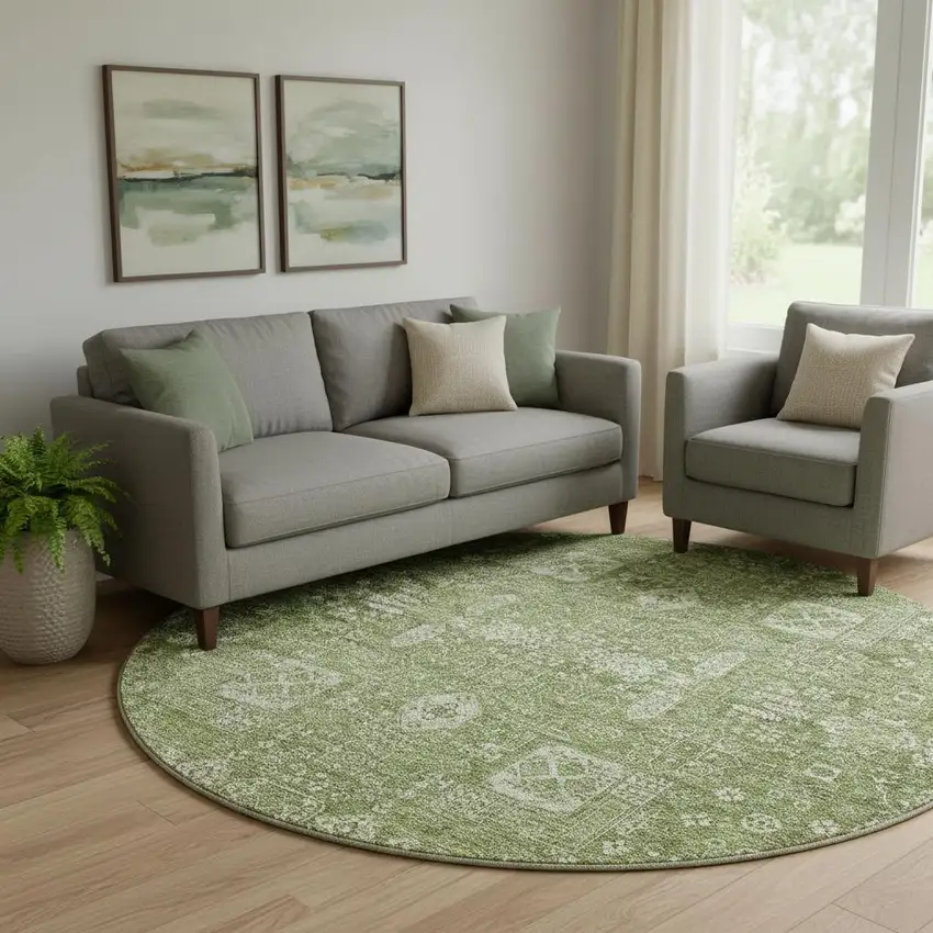 8' Artichoke Green And Ivory Floral Washable Round Rug With UV Protection Photo 1