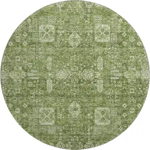 Photo of 8' Artichoke Green And Ivory Floral Washable Round Rug With UV Protection